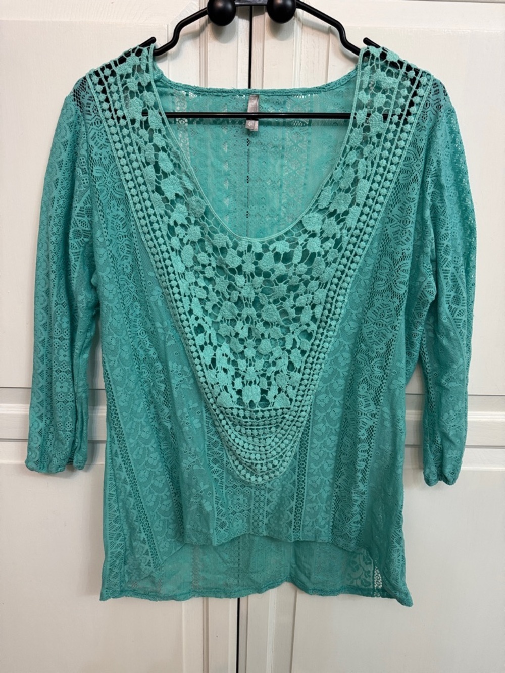 Cottagecore Teal Crochet Lace Scoop Neck Blouse. Size L. Festival summer